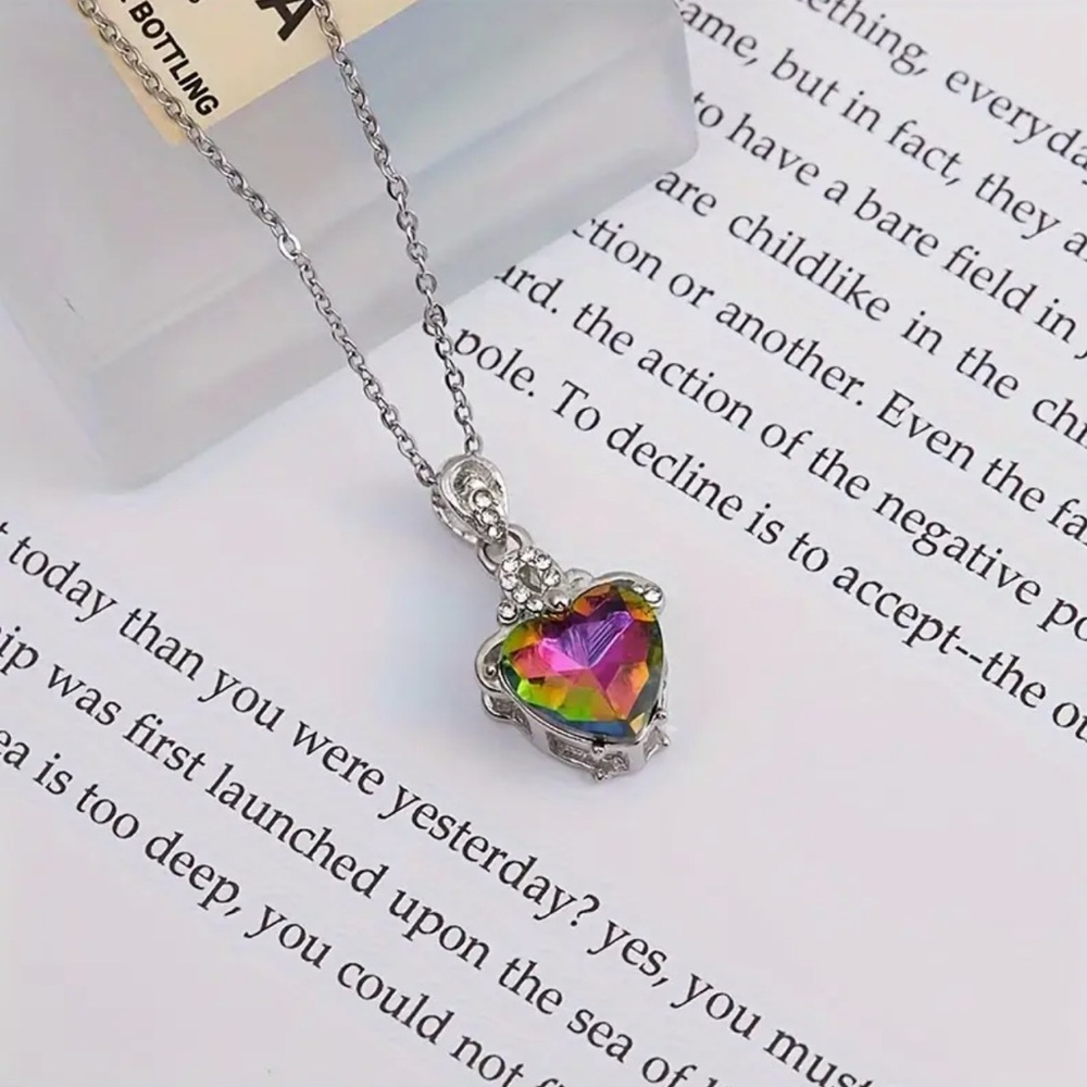 NWOT - Silver Heart Pendant Necklace with Multicolor Gemstone